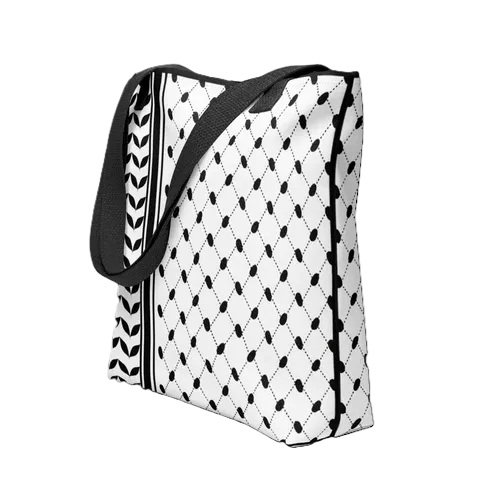 A black and white patterned tote bag with a diamond lattice design and black shoulder straps, shown on a plain white background.