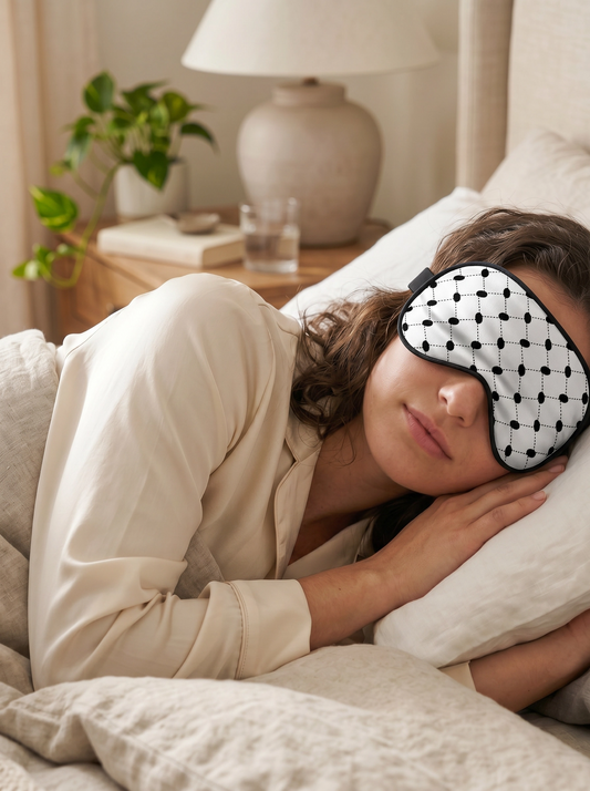 Woman wearing a polka dot eye mask in bed with a nightstand and lamp in the background.